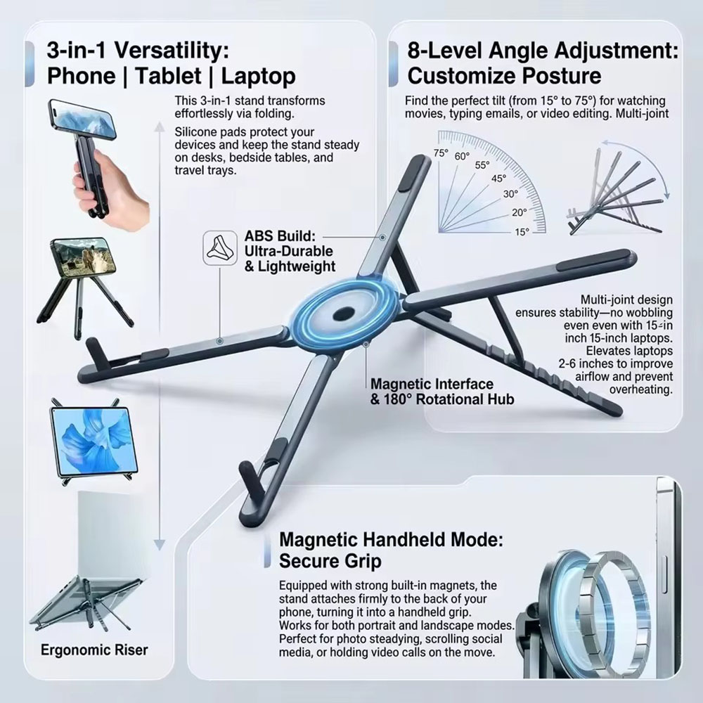 Laptop Stand - Tragbarer Magnetischer Handyhalter & Selfie-Stick 3-in-1